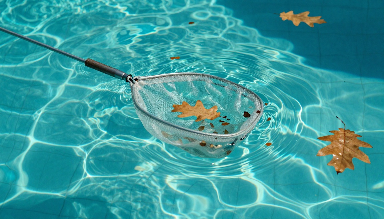 Close-up of pool skimmer net hovering above crystal-clear pool water with beautiful caustic light refractions dancing on the pool floor Close-up of pool skimmer net hovering above crystal-clear pool water with beautiful caustic light refractions dancing on the pool floor