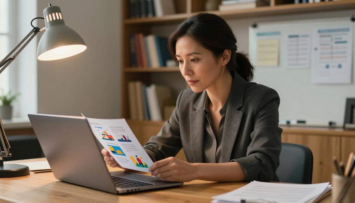 Moving company owner reviewing digital flipbook on laptop at her desk