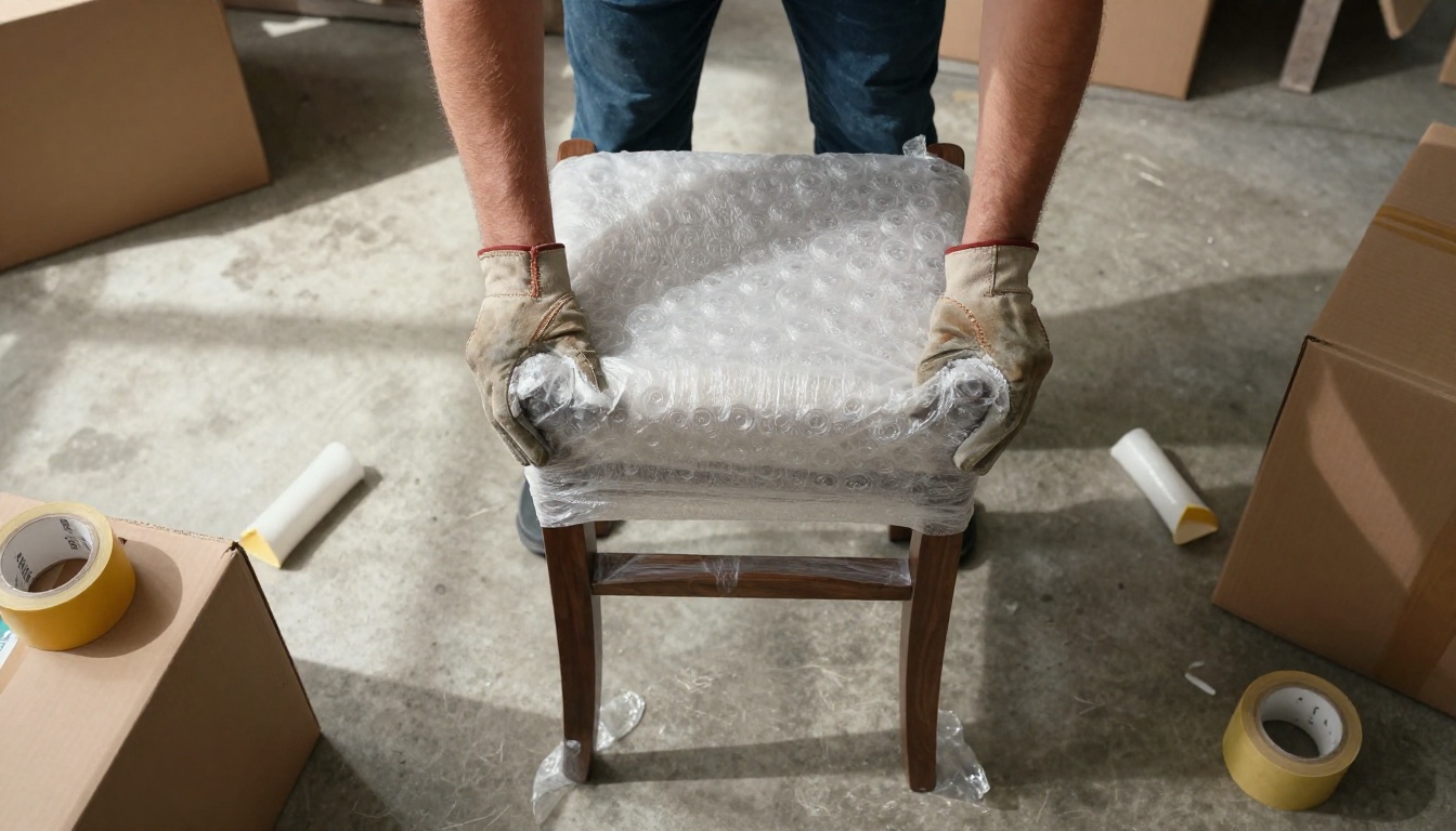 Professional mover's gloved hands carefully wrapping wooden furniture in protective bubble wrap