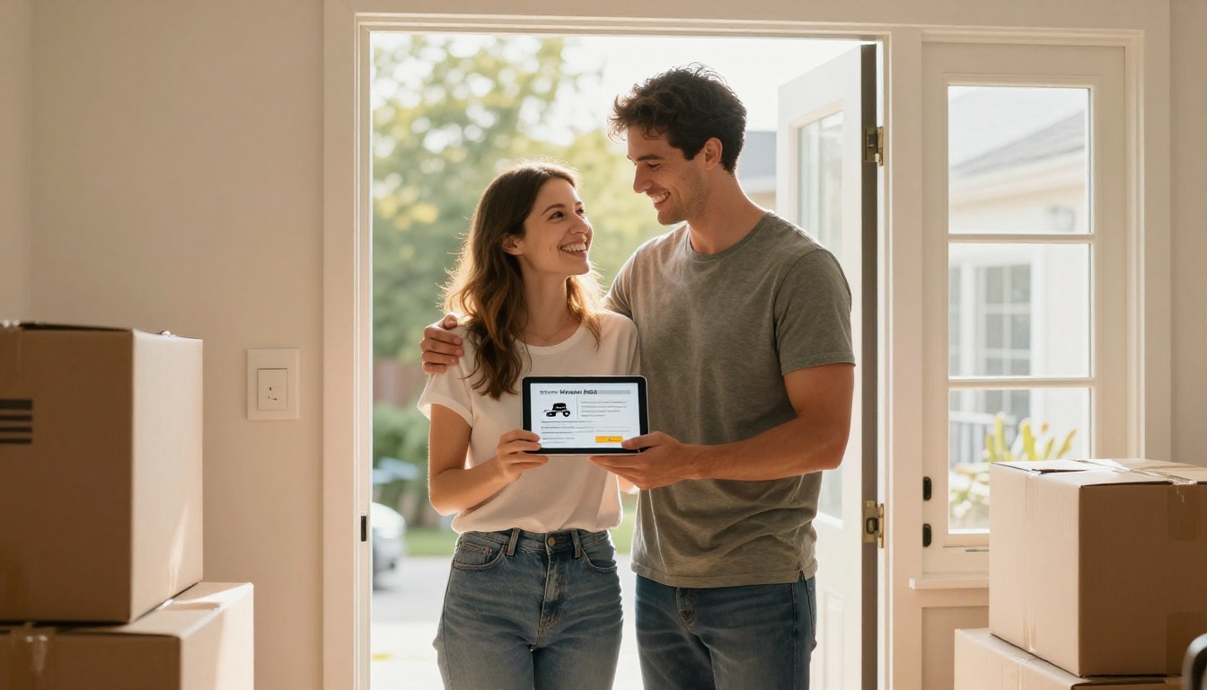 Happy young couple smiling at their front door holding a tablet showing a moving company flipbook