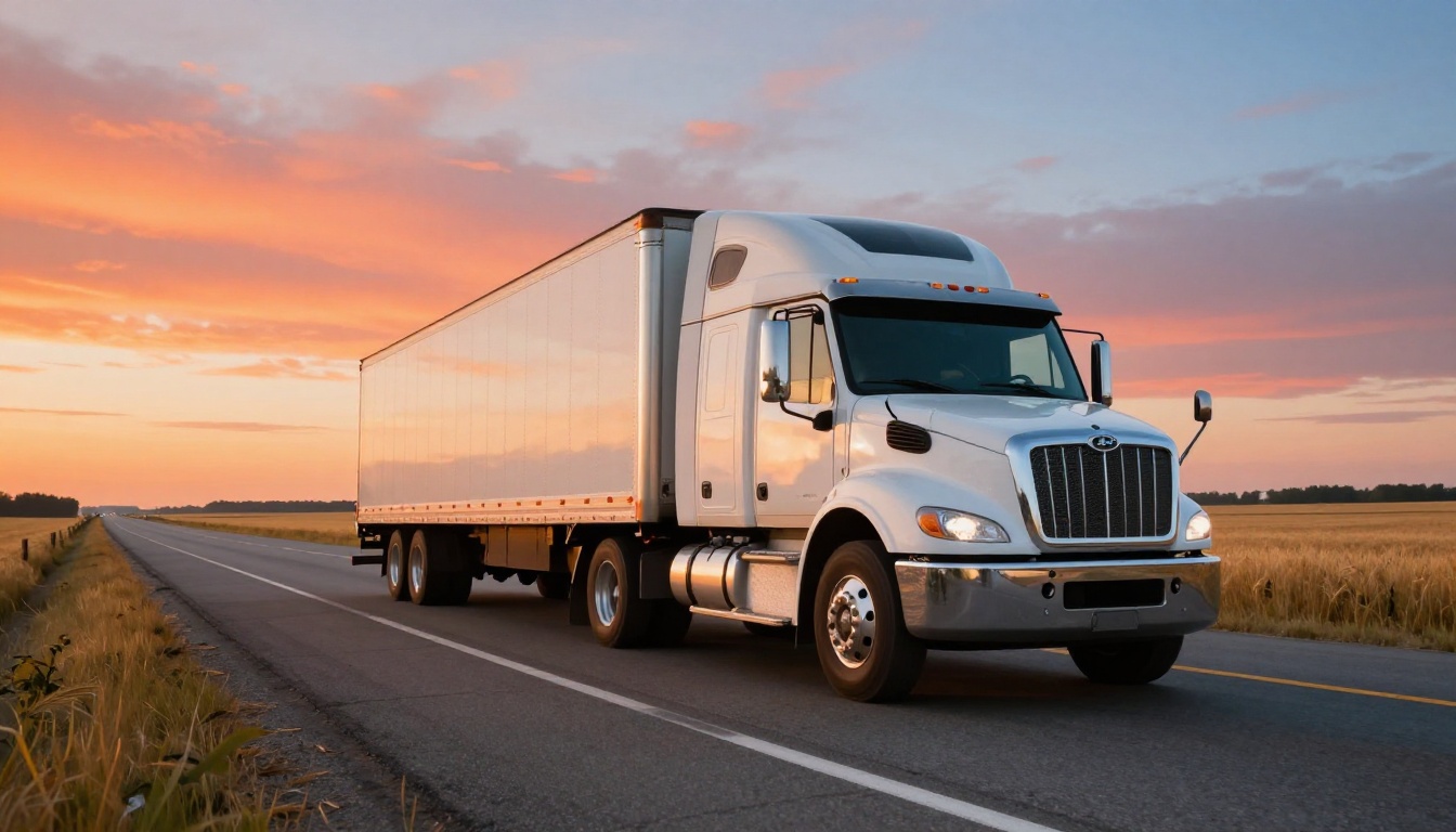 Large white moving truck driving on a wide open highway at sunrise