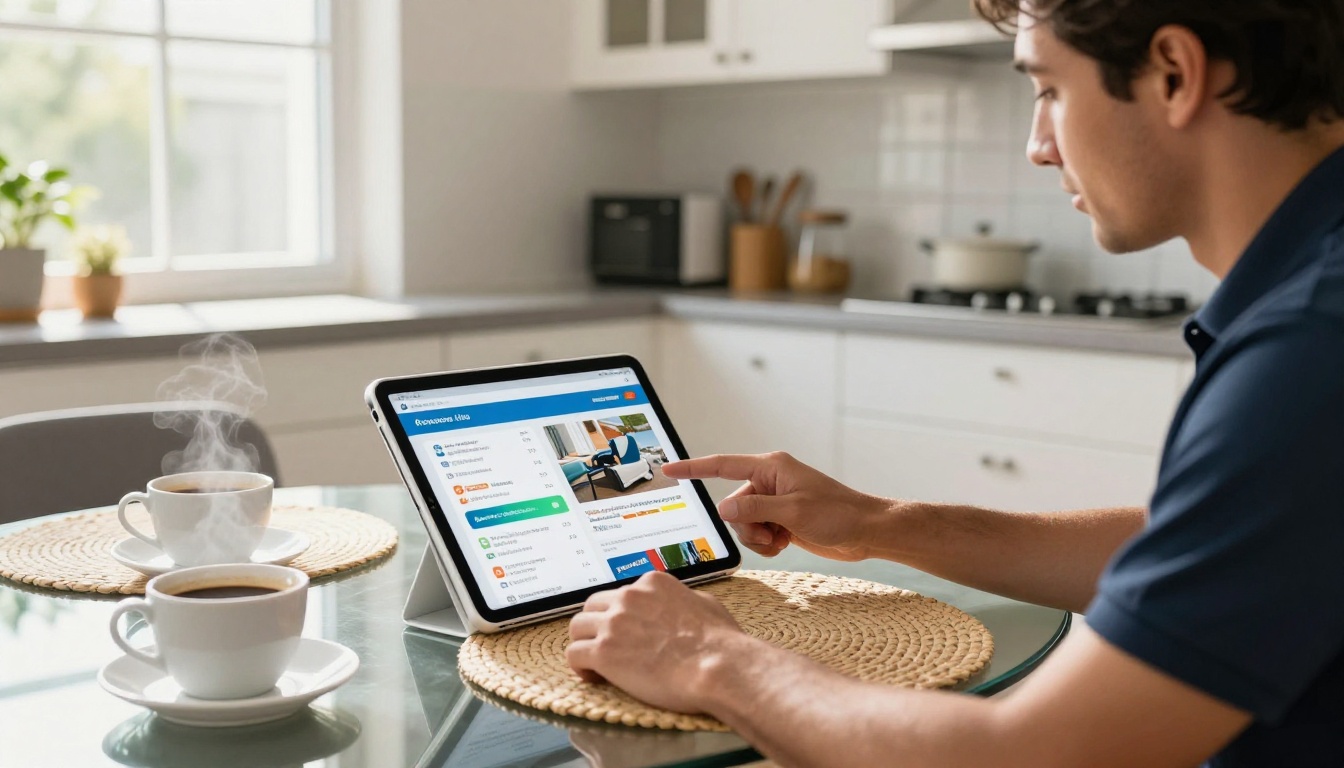 Moving company representative showing digital flipbook brochure on iPad to a client at kitchen table
