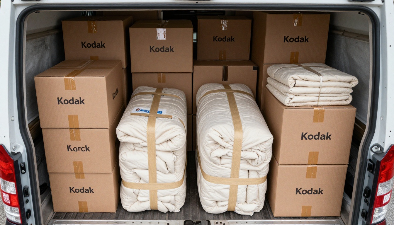 Aerial view looking down into a professionally organized and fully packed moving truck bed Aerial view looking down into a professionally organized and fully packed moving truck bed