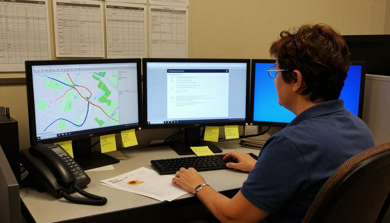 Moving company dispatcher working at operations desk reviewing digital documents on dual monitors Moving company dispatcher working at operations desk reviewing digital documents on dual monitors