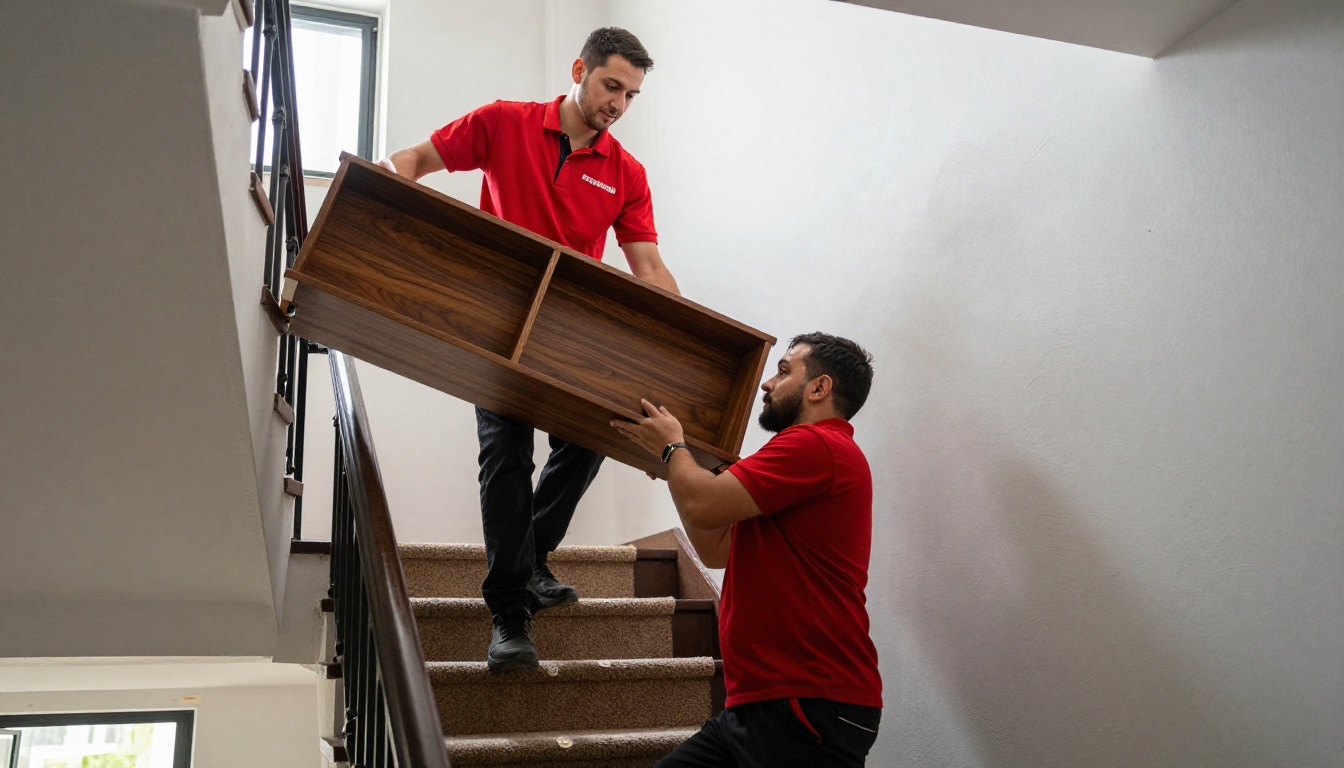 Two professional movers in uniform carefully carrying a large wooden bookcase down an apartment staircase Two professional movers in uniform carefully carrying a large wooden bookcase down an apartment staircase
