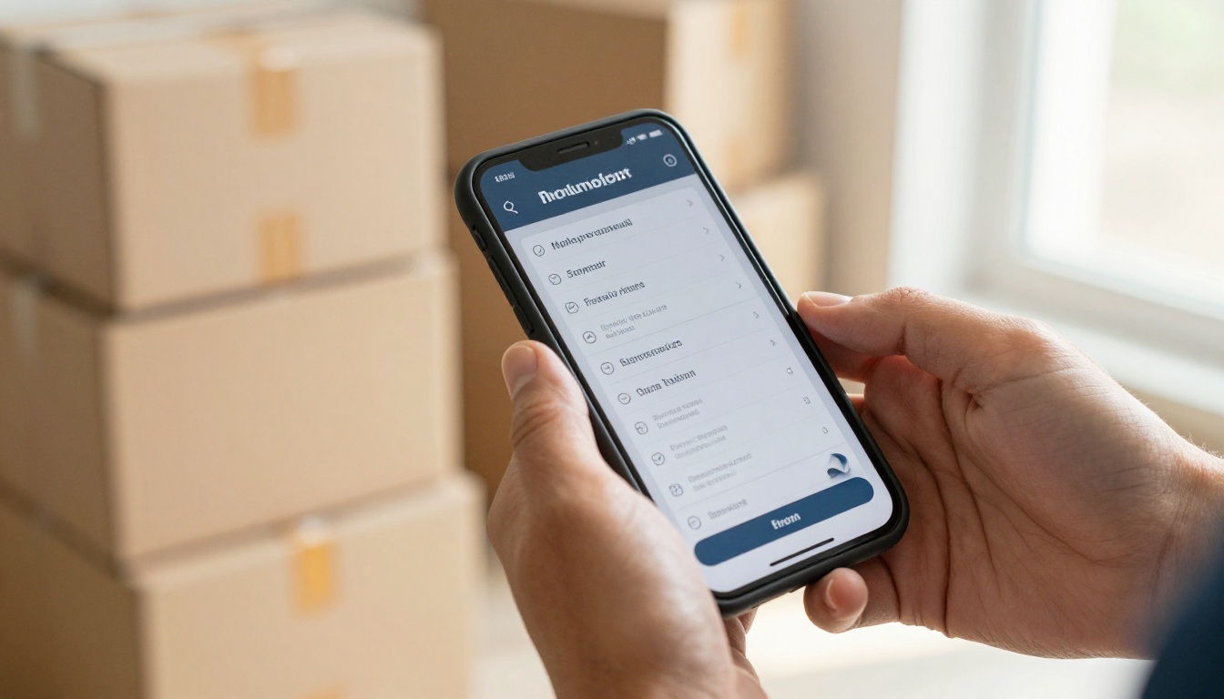 Close-up of a mover's hands holding a smartphone showing a digital moving checklist in a flipbook format Close-up of a mover's hands holding a smartphone showing a digital moving checklist in a flipbook format