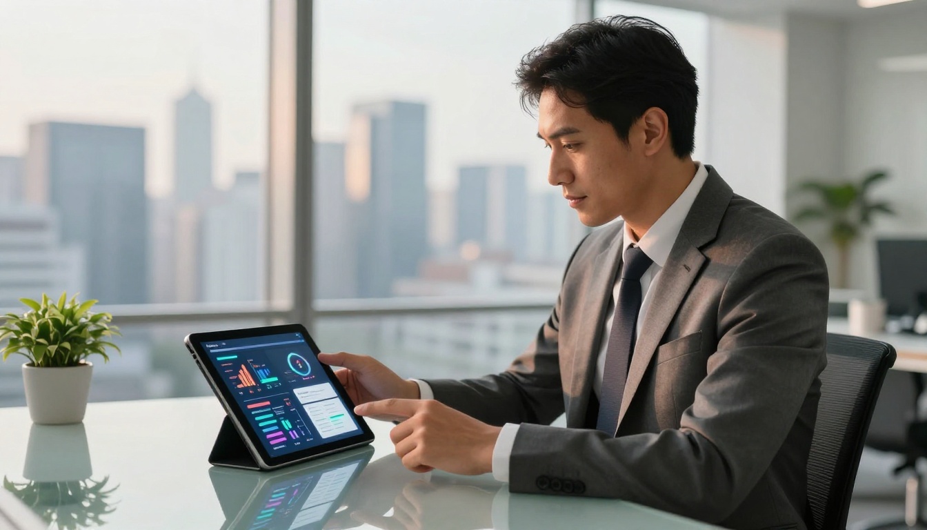 Executive reviewing security company digital flipbook on tablet in modern office