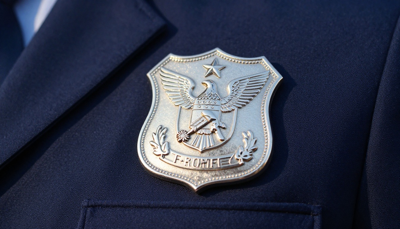 Professional security guard badge close-up on navy blue uniform