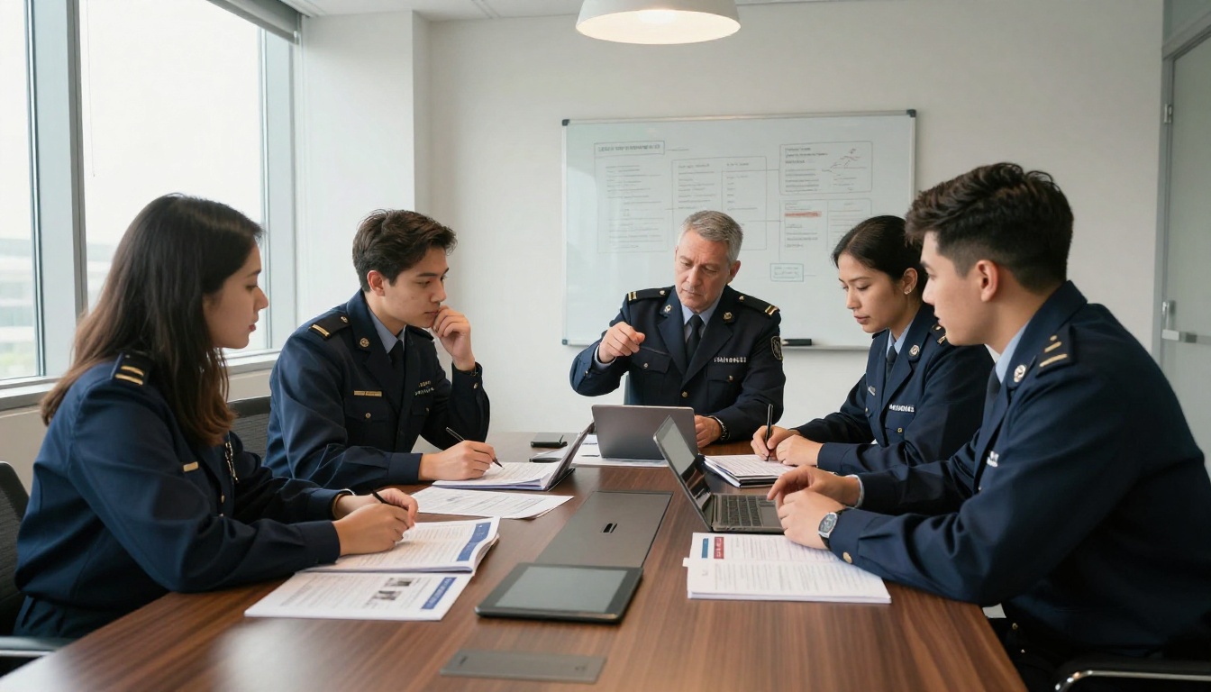 Security company team reviewing marketing materials in corporate boardroom