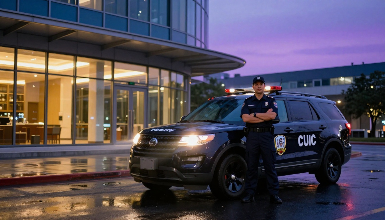Professional security patrol SUV parked outside corporate building at twilight