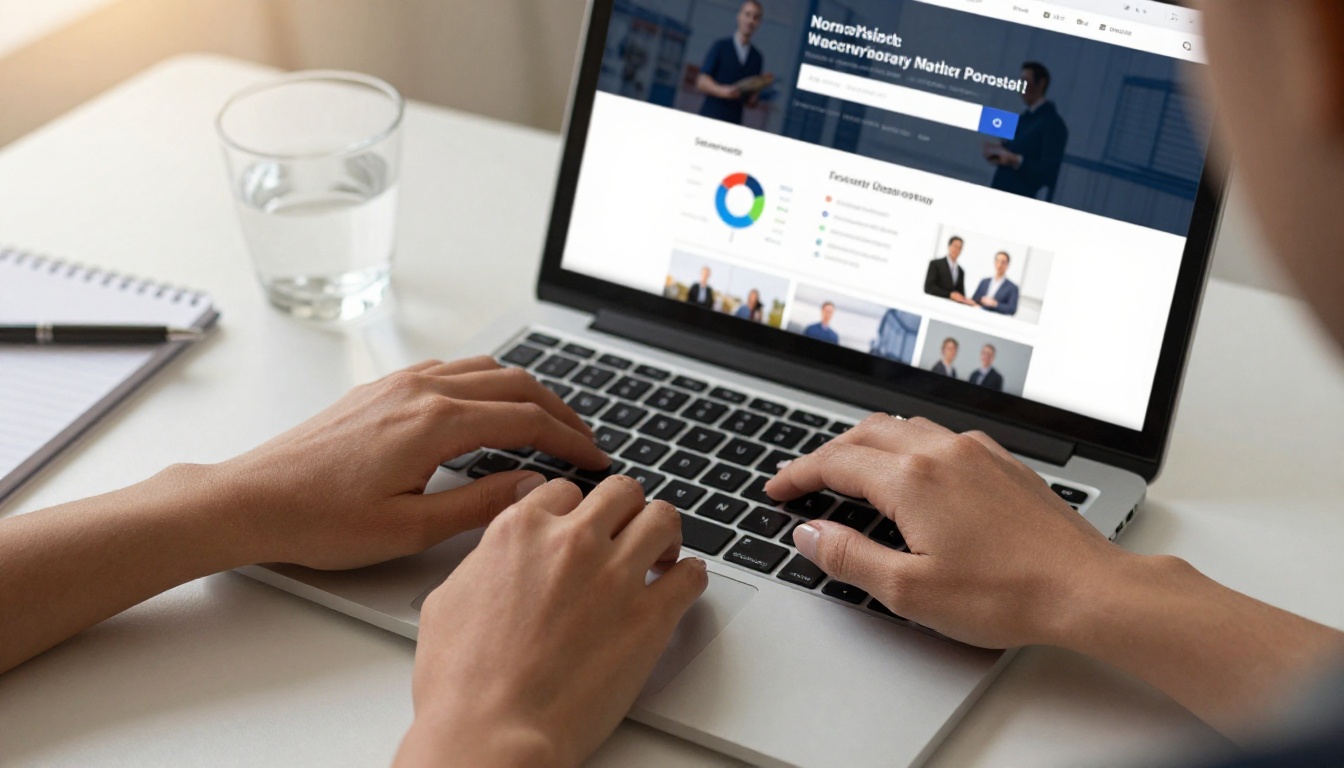 Professional female hands on laptop with security company website on screen