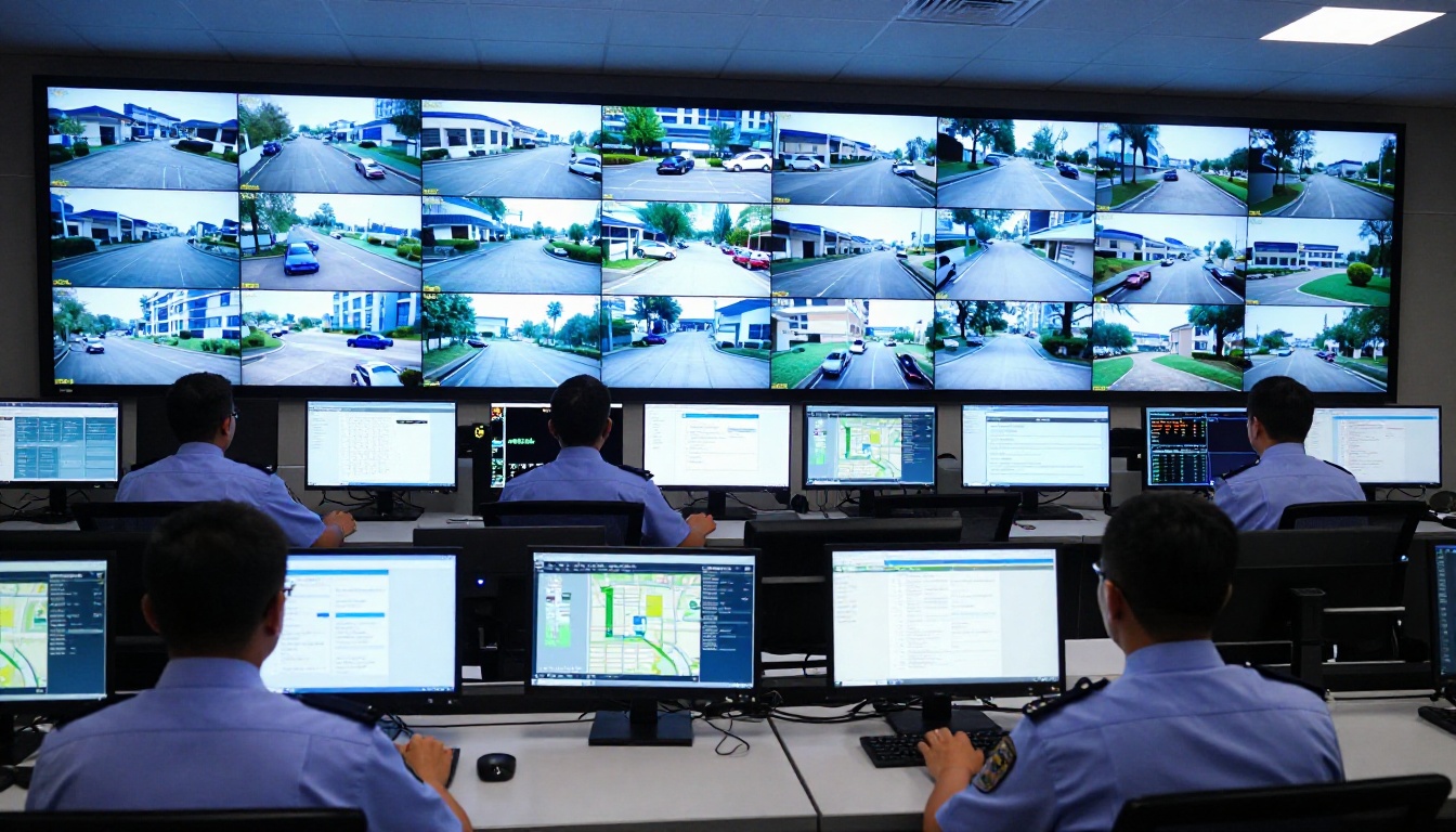 Security operations control room with surveillance monitor wall Security operations control room with surveillance monitor wall