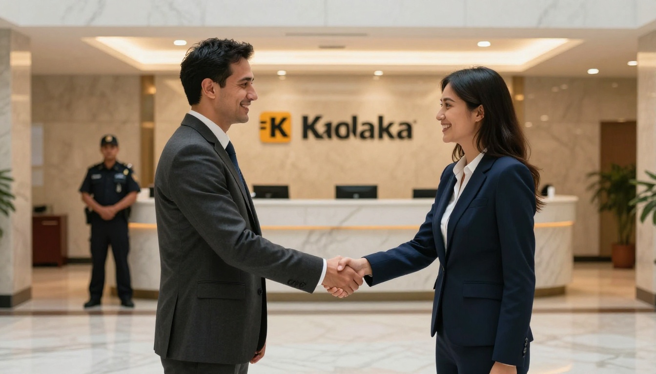 Business professionals shaking hands in corporate lobby with security guard in background Business professionals shaking hands in corporate lobby with security guard in background