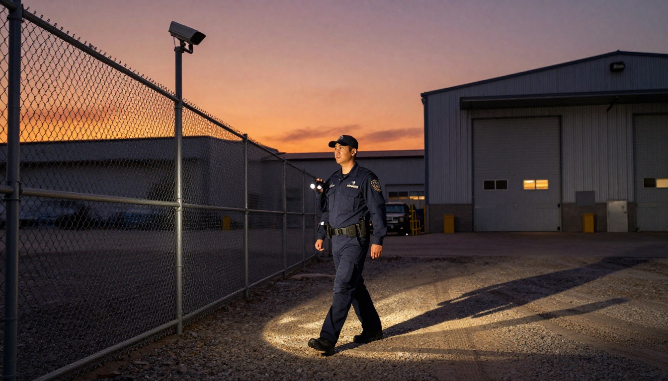 Security guard performing perimeter patrol at industrial warehouse at dusk Security guard performing perimeter patrol at industrial warehouse at dusk