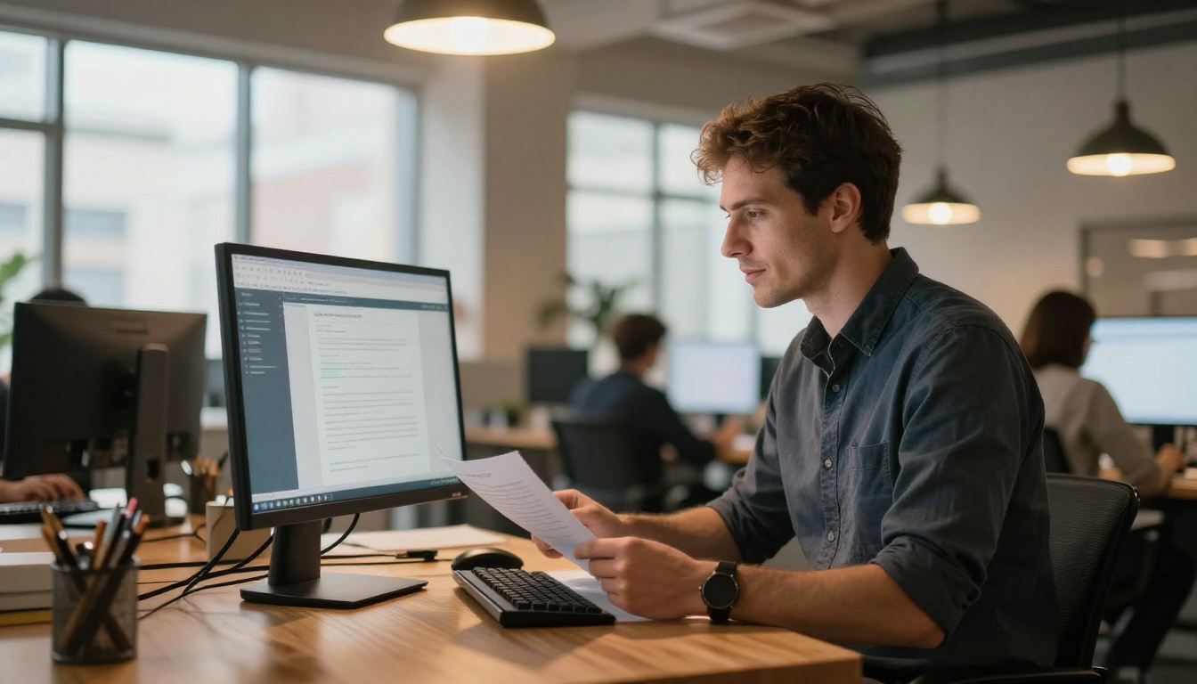 Recruiter reviewing documents at a modern standing desk with warm Edison-style pendant lighting