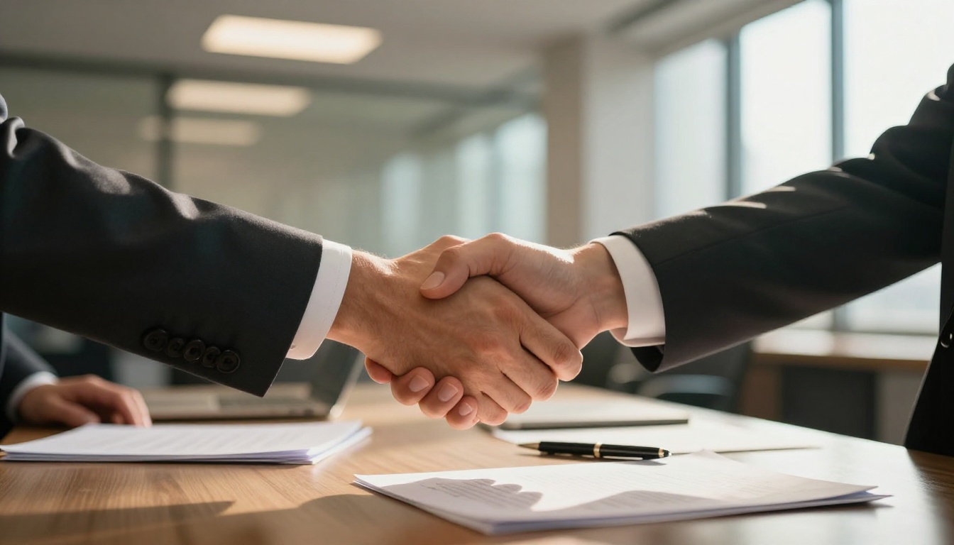 Two professionals shaking hands over documents on a conference table with natural window light from the right