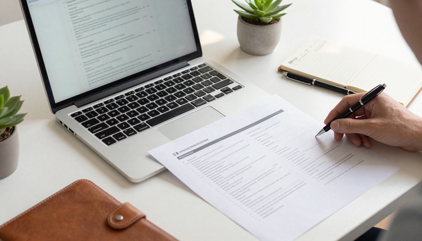 Overhead aerial flat-lay of a professional desk with laptop, neatly arranged documents, leather notepad, pen, and succulent plant