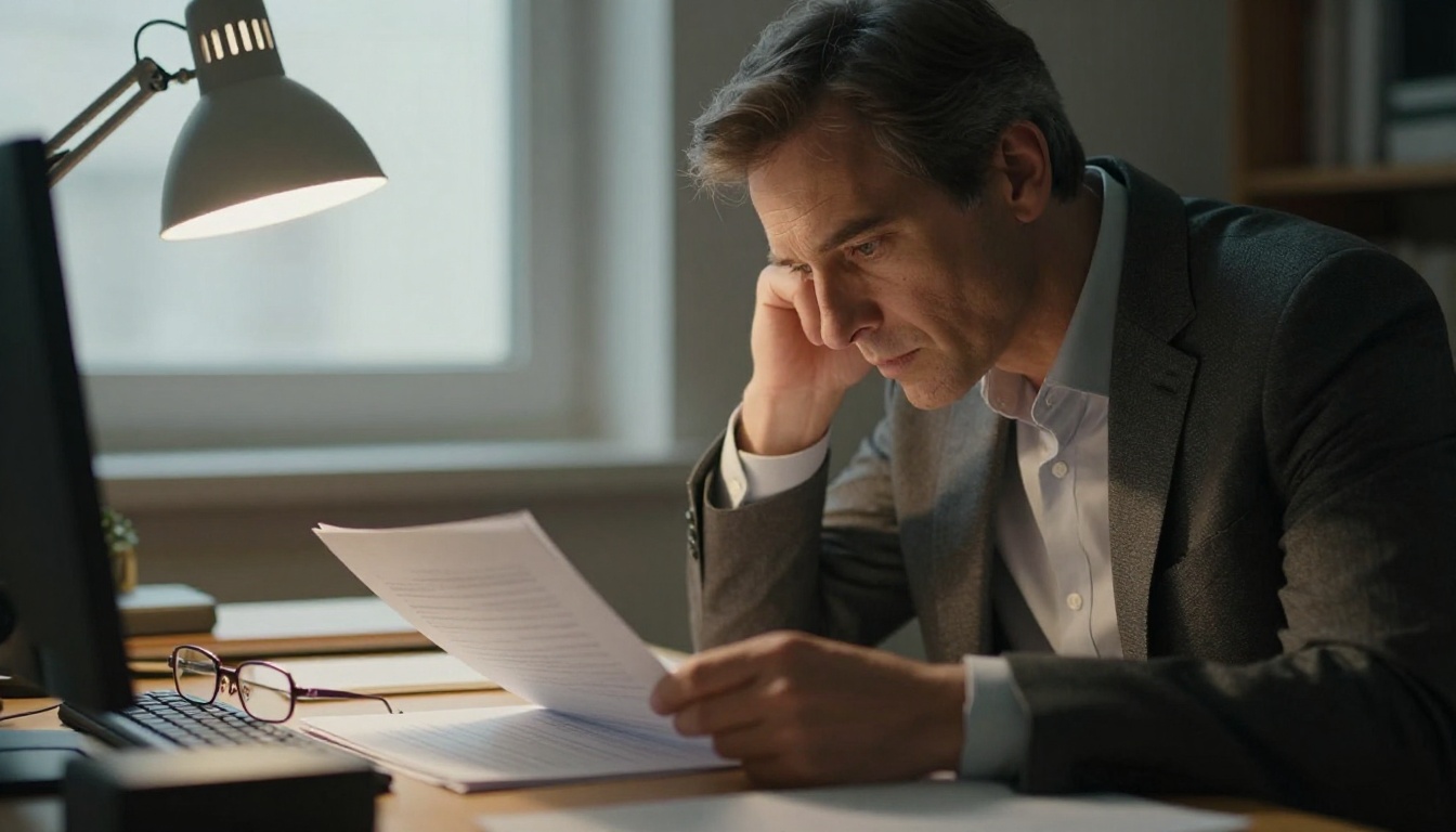 A focused hiring manager in a tailored suit leaning forward intently studying a document, warm tungsten desk lamp light from the right