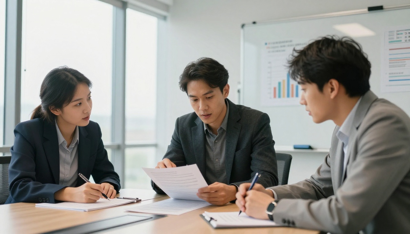 Group of business professionals enthusiastically reviewing materials together around a bright conference room table Group of business professionals enthusiastically reviewing materials together around a bright conference room table