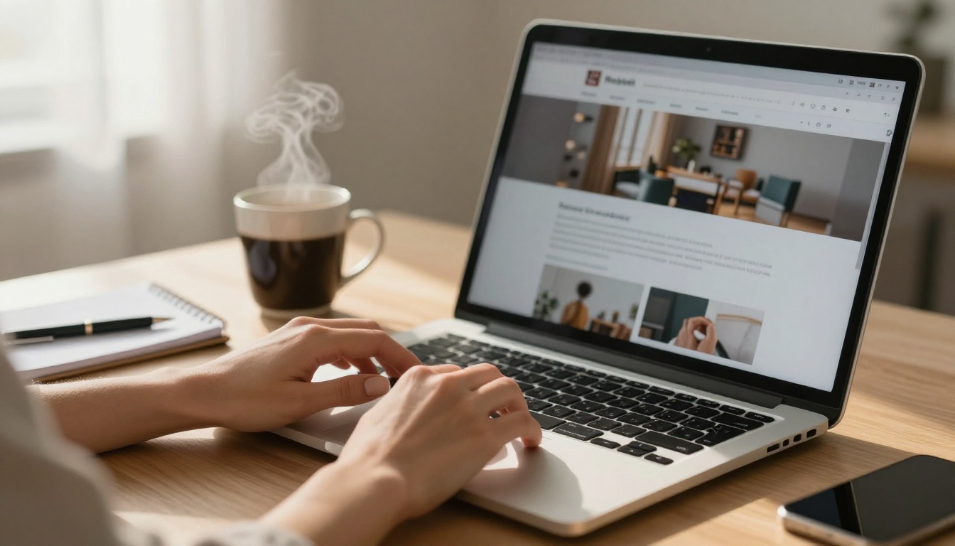 Professional woman's hands typing on a silver laptop keyboard in a minimalist home office with soft morning light through sheer curtains Professional woman's hands typing on a silver laptop keyboard in a minimalist home office with soft morning light through sheer curtains