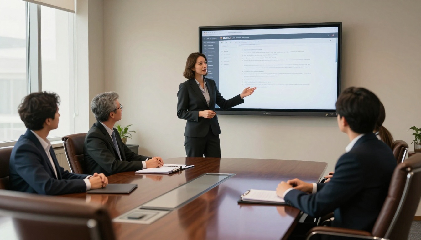 A polished staffing professional presenting in a modern boardroom to three clients seated at a polished conference table with large display screen A polished staffing professional presenting in a modern boardroom to three clients seated at a polished conference table with large display screen