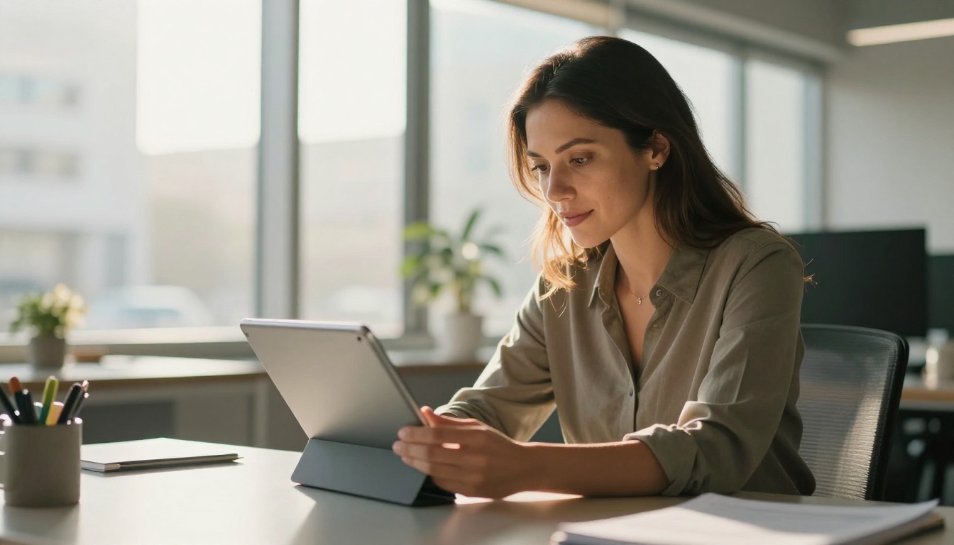 Professional franchise consultant reviewing digital flipbook on tablet at modern office desk