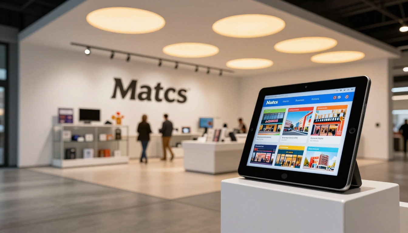 Modern glass-walled franchise showroom interior with digital flipbook displayed on branded tablet stand