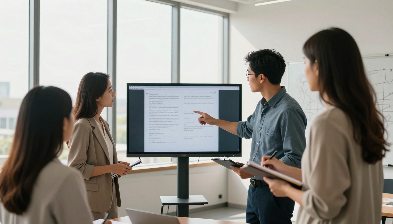 Two business professionals reviewing franchise flipbook content together on large office monitor Two business professionals reviewing franchise flipbook content together on large office monitor