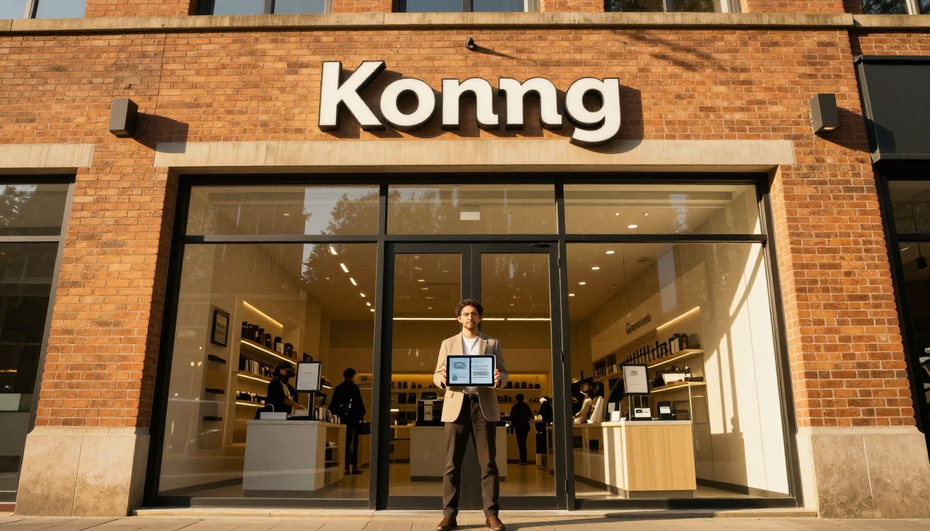 Franchise consultant in blazer holding tablet with franchise flipbook outside modern retail storefront