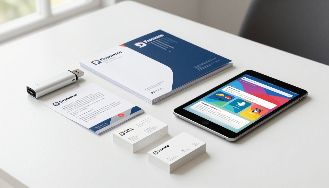 Flat-lay overhead view of franchise information kit with printed brochure, USB drive, and tablet showing open flipbook Flat-lay overhead view of franchise information kit with printed brochure, USB drive, and tablet showing open flipbook