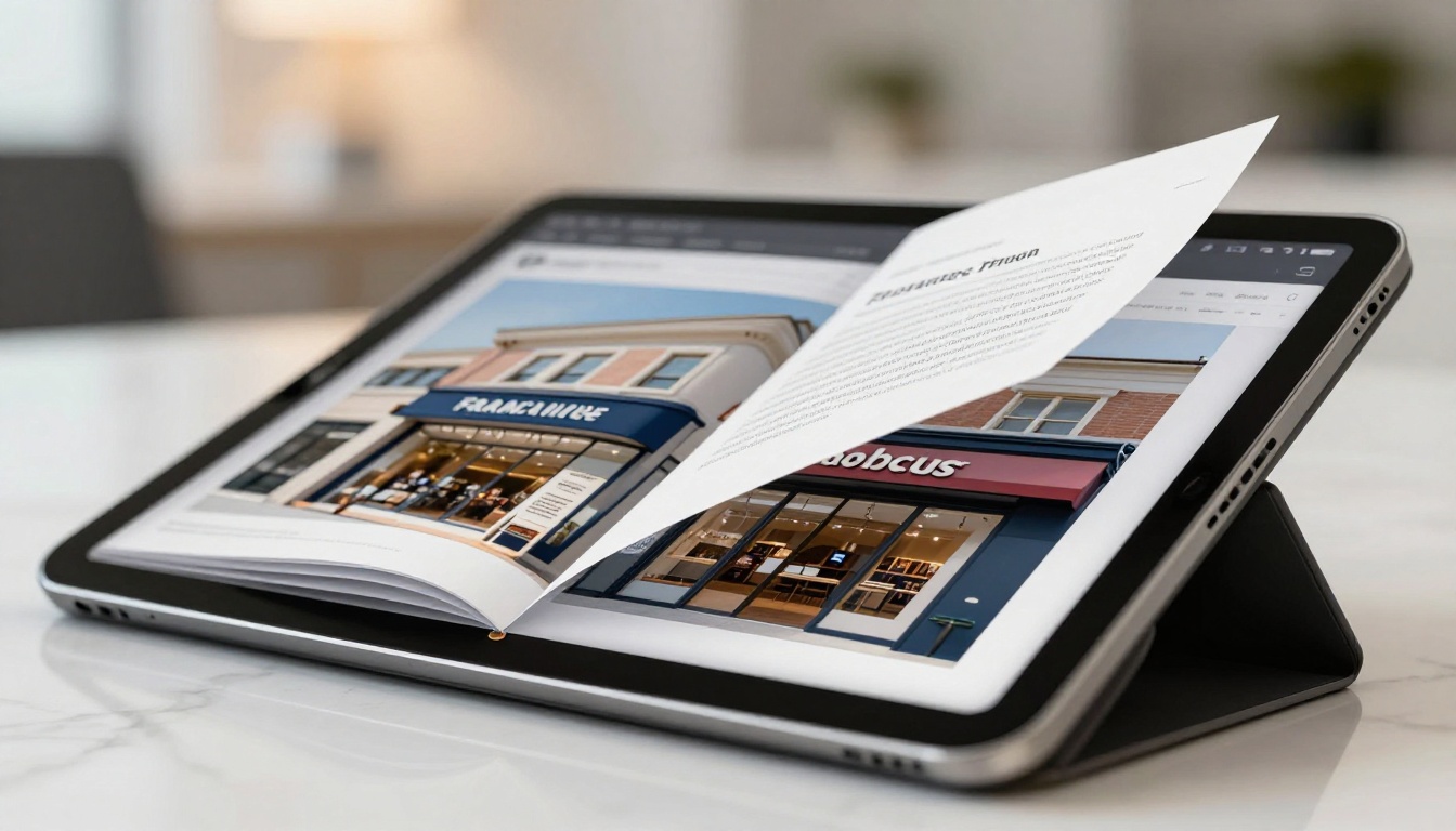 Close-up detail of digital franchise flipbook page curl on tablet resting on polished marble surface