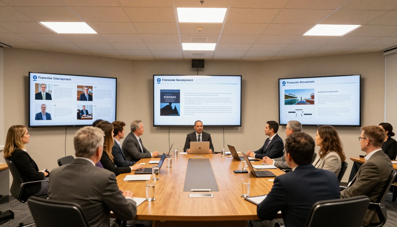 Franchise development team reviewing franchise materials on large conference room screens