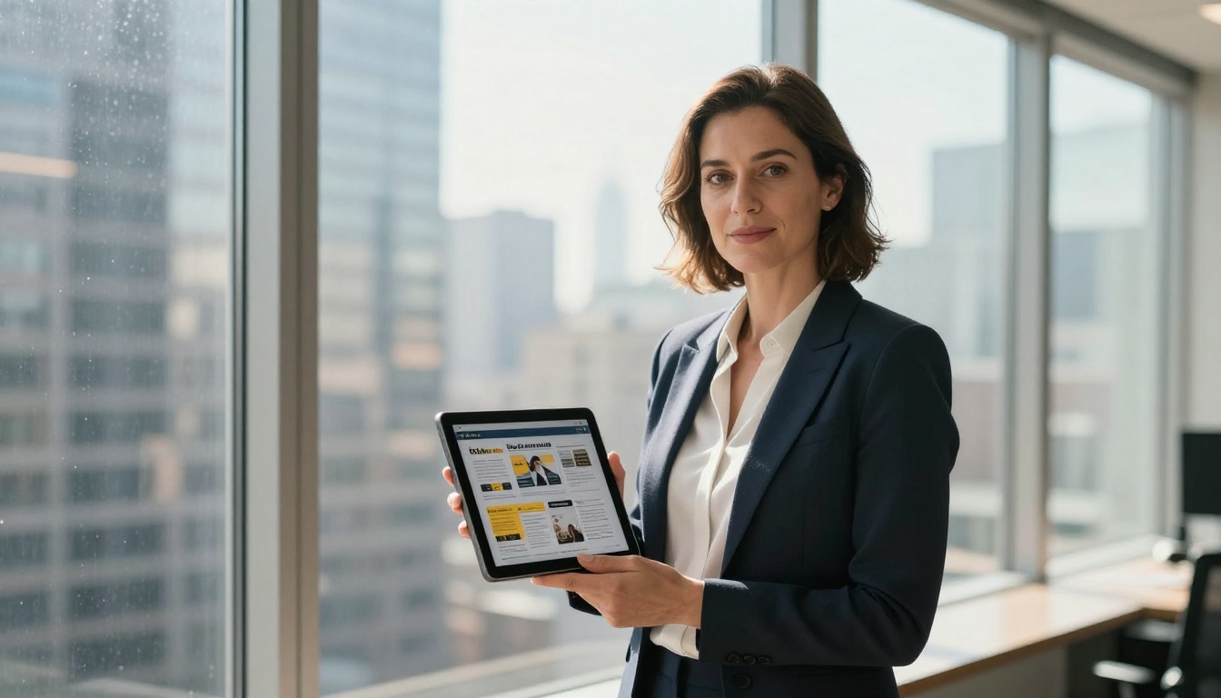 Professional franchise consultant standing by office tower window with city skyline, holding franchise flipbook on tablet Professional franchise consultant standing by office tower window with city skyline, holding franchise flipbook on tablet