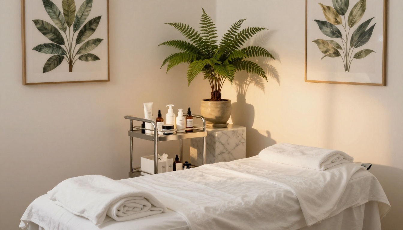 Serene med spa treatment room with crisp white linen table, professional skincare tools and warm golden lighting Serene med spa treatment room with crisp white linen table, professional skincare tools and warm golden lighting