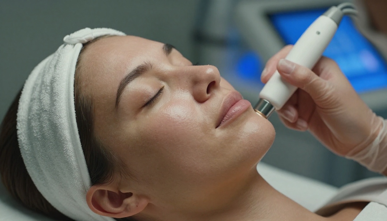 Close-up of woman with luminous skin receiving professional hydrafacial treatment at luxury med spa, aesthetician's hands visible with treatment device Close-up of woman with luminous skin receiving professional hydrafacial treatment at luxury med spa, aesthetician's hands visible with treatment device
