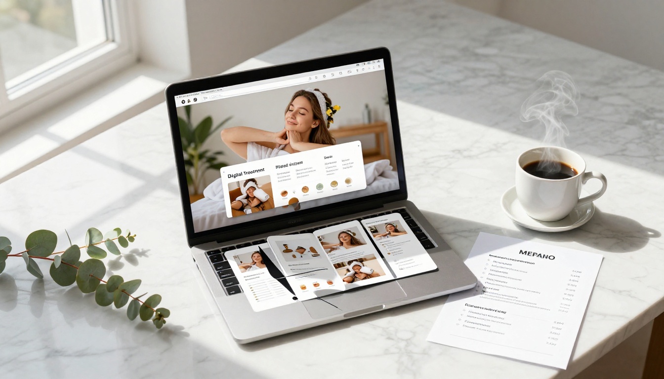 Overhead flat-lay of MacBook Pro displaying digital spa catalog flipbook interface beside a printed paper treatment menu on white marble desk Overhead flat-lay of MacBook Pro displaying digital spa catalog flipbook interface beside a printed paper treatment menu on white marble desk