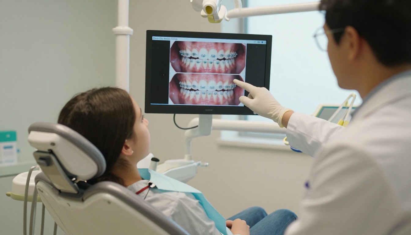 Teenager in dental chair reviewing treatment display with orthodontist