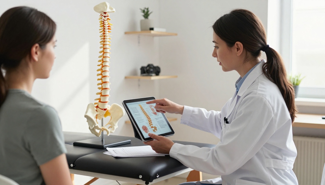 Chiropractor showing spinal anatomy on tablet during patient consultation