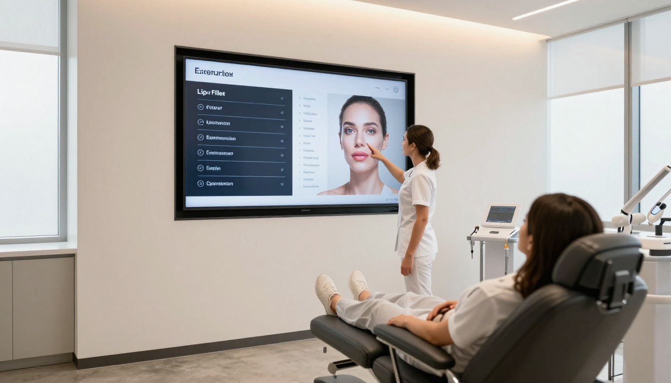 Female aesthetician in white medical uniform standing beside wall-mounted touchscreen showing digital treatment menu in consultation room Female aesthetician in white medical uniform standing beside wall-mounted touchscreen showing digital treatment menu in consultation room