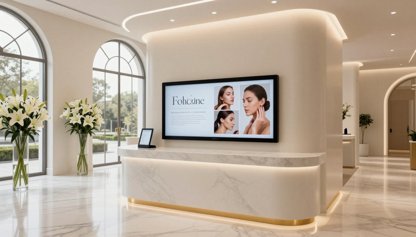 Luxury med spa lobby with modern digital kiosk displaying interactive flipbook treatment catalog, white marble flooring and lily arrangements Luxury med spa lobby with modern digital kiosk displaying interactive flipbook treatment catalog, white marble flooring and lily arrangements