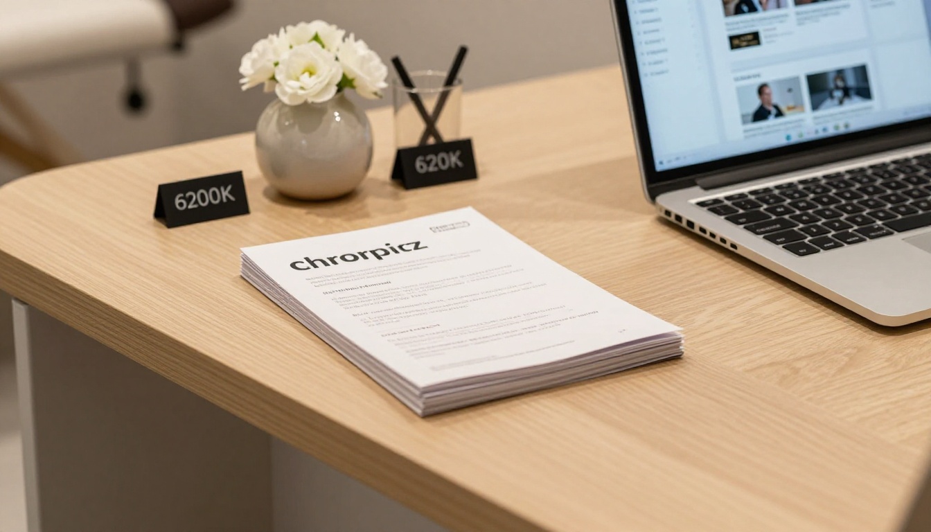 Close-up of modern chiropractic reception desk with brochure and laptop flipbook editor Close-up of modern chiropractic reception desk with brochure and laptop flipbook editor