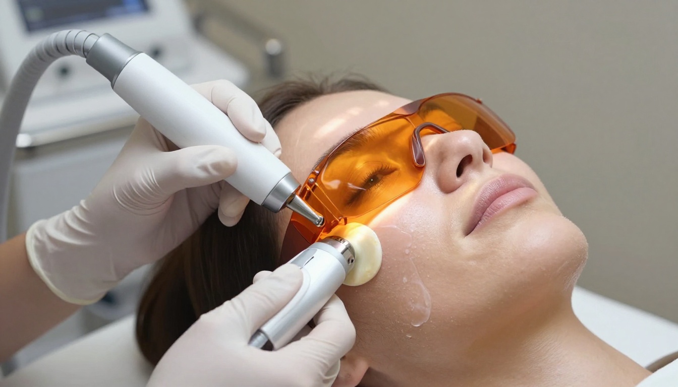 Woman receiving professional laser skin resurfacing treatment with aesthetician in white gloves holding laser handpiece near client's cheek Woman receiving professional laser skin resurfacing treatment with aesthetician in white gloves holding laser handpiece near client's cheek