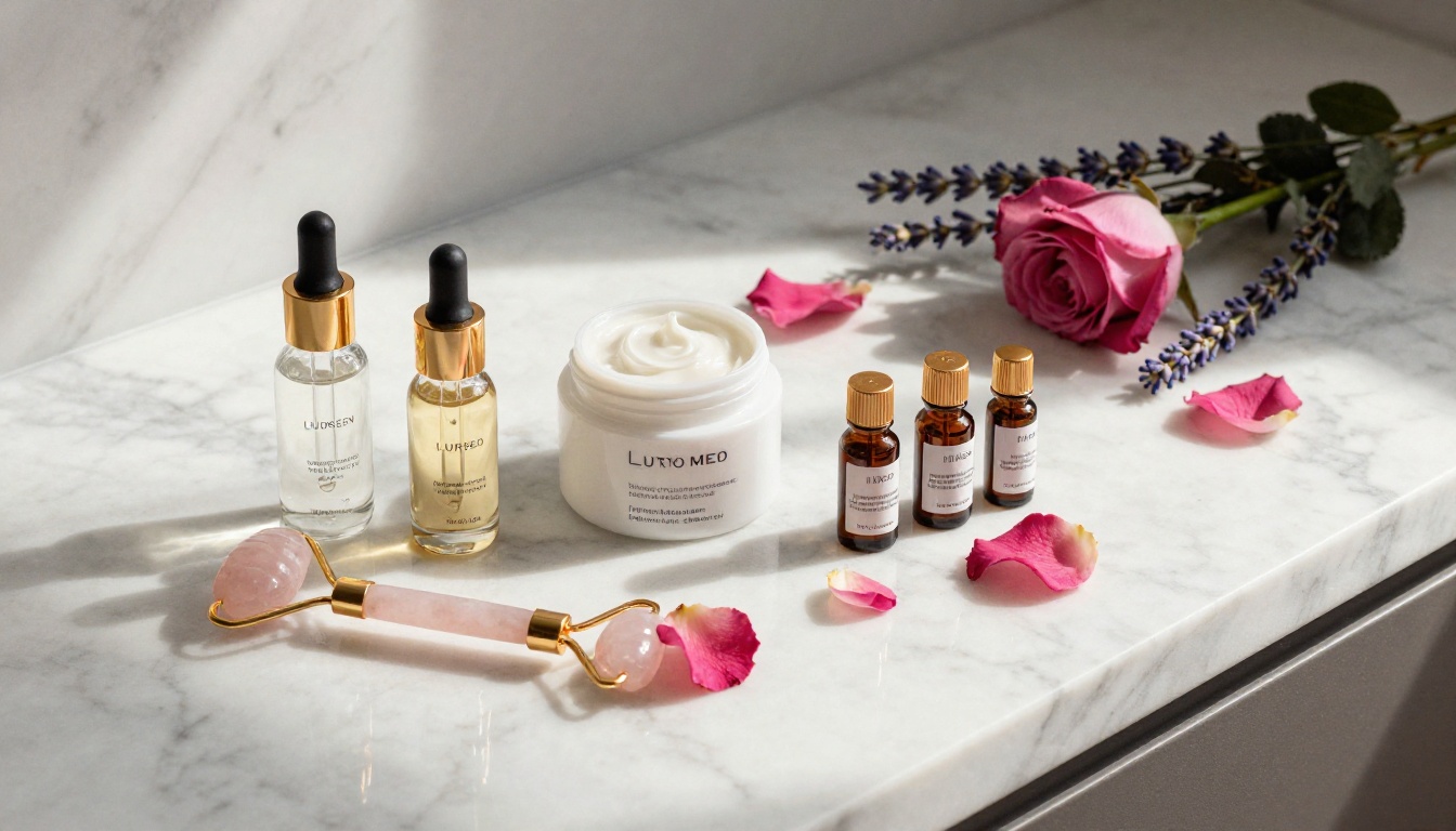 Elegant flat-lay of luxury med spa skincare products including glass serums with gold caps, hyaluronic cream, rose quartz facial roller and peptide ampoules on white marble Elegant flat-lay of luxury med spa skincare products including glass serums with gold caps, hyaluronic cream, rose quartz facial roller and peptide ampoules on white marble