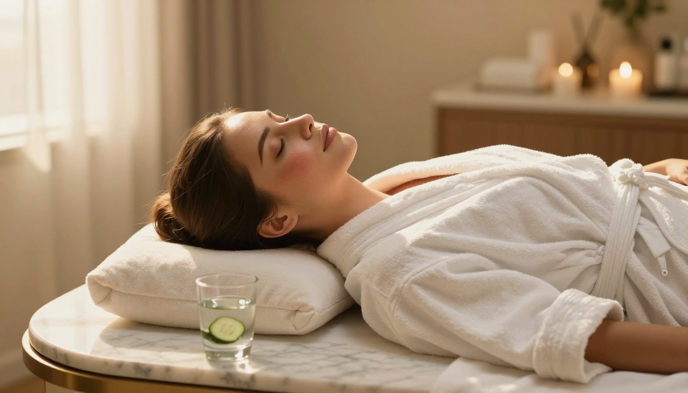 Beautiful woman in plush white spa robe relaxing on luxury chaise lounge after med spa treatment, glowing radiant skin in warm afternoon golden light Beautiful woman in plush white spa robe relaxing on luxury chaise lounge after med spa treatment, glowing radiant skin in warm afternoon golden light