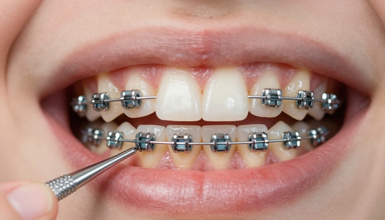 Close-up macro of orthodontic braces brackets on teeth