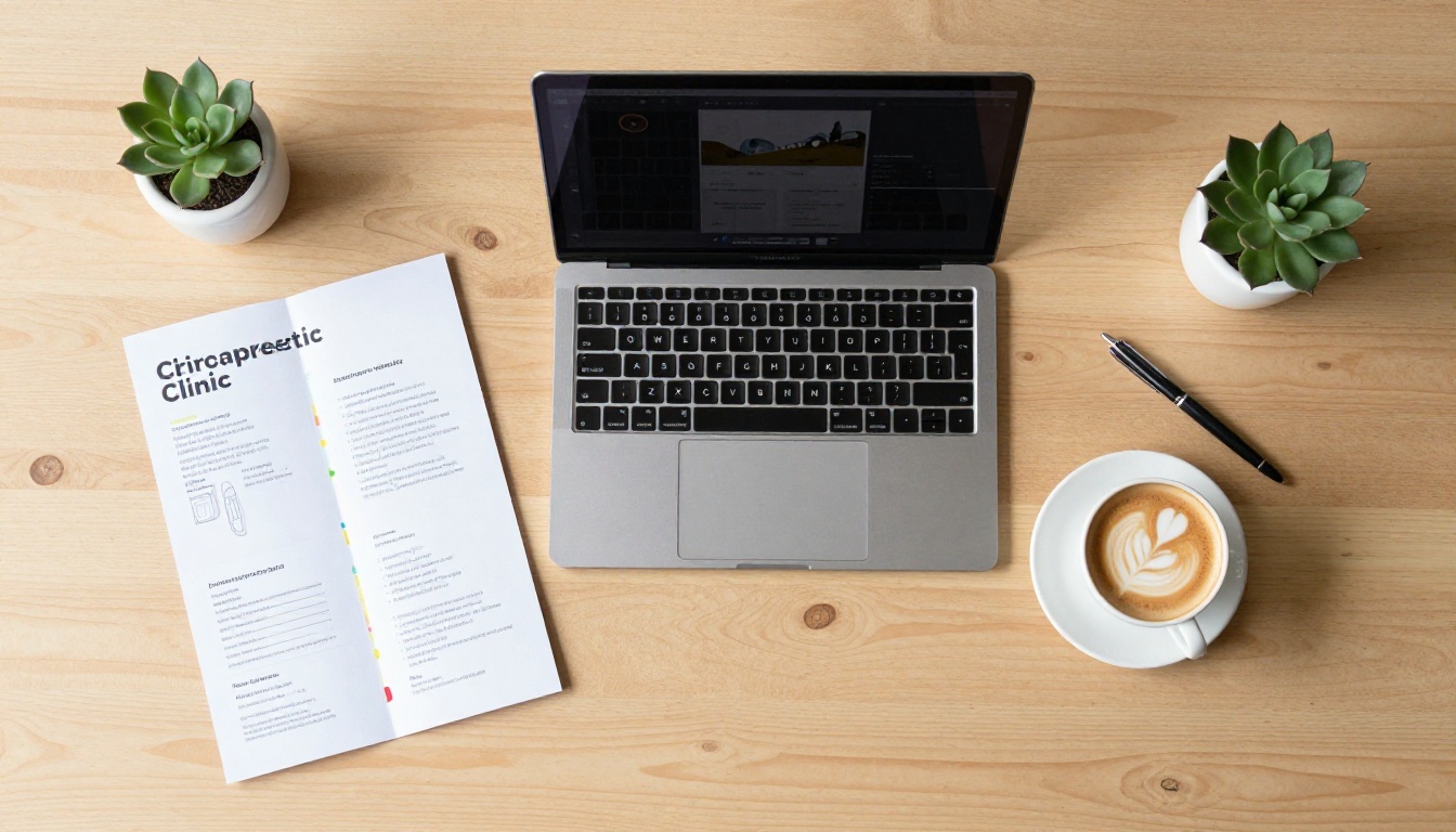 Aerial flat-lay of chiropractic brochure beside laptop showing flipbook editor