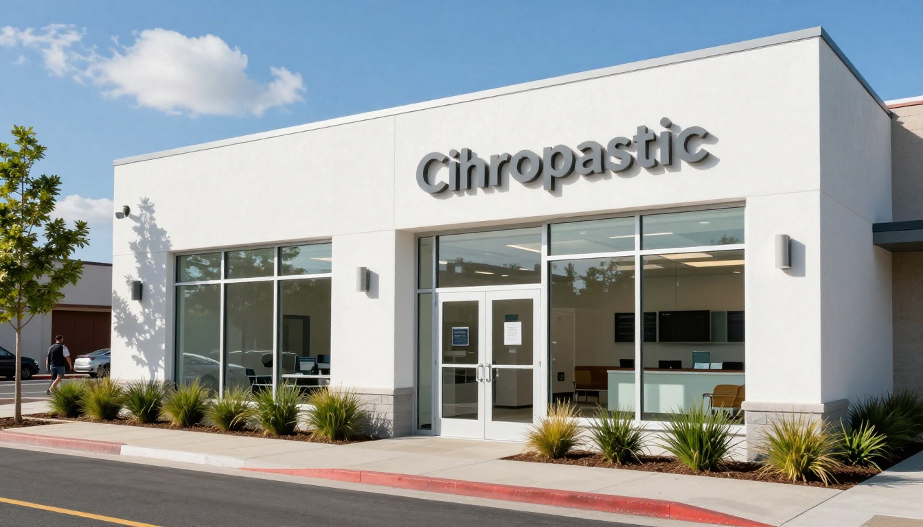 Modern chiropractic clinic exterior with welcoming entrance and signage Modern chiropractic clinic exterior with welcoming entrance and signage