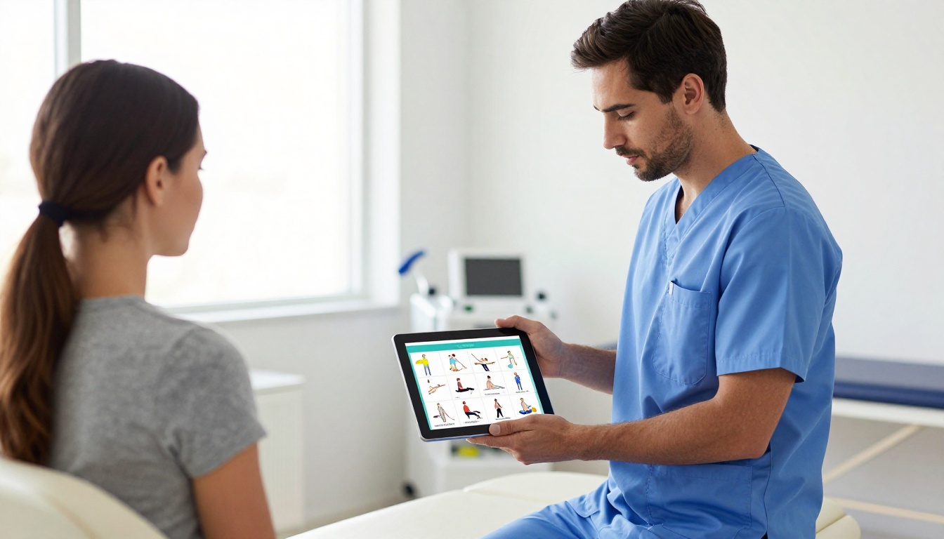 Physiotherapist showing digital flipbook on tablet to patient in rehabilitation clinic Physiotherapist showing digital flipbook on tablet to patient in rehabilitation clinic