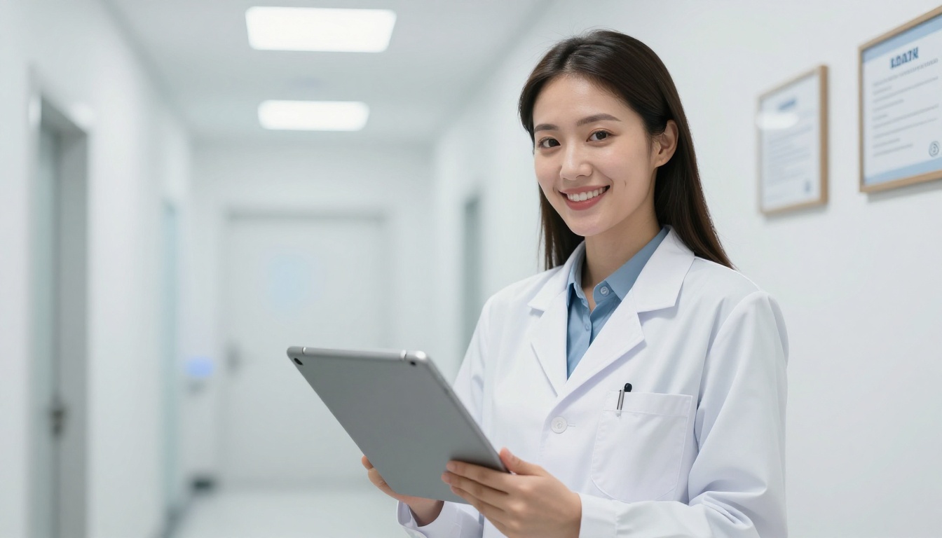Orthodontist holding brochure and iPad in dental office hallway Orthodontist holding brochure and iPad in dental office hallway