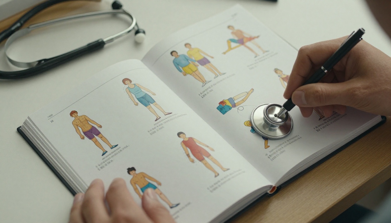 Close-up of physiotherapy exercise guide flipbook pages on clinical desk with stethoscope Close-up of physiotherapy exercise guide flipbook pages on clinical desk with stethoscope